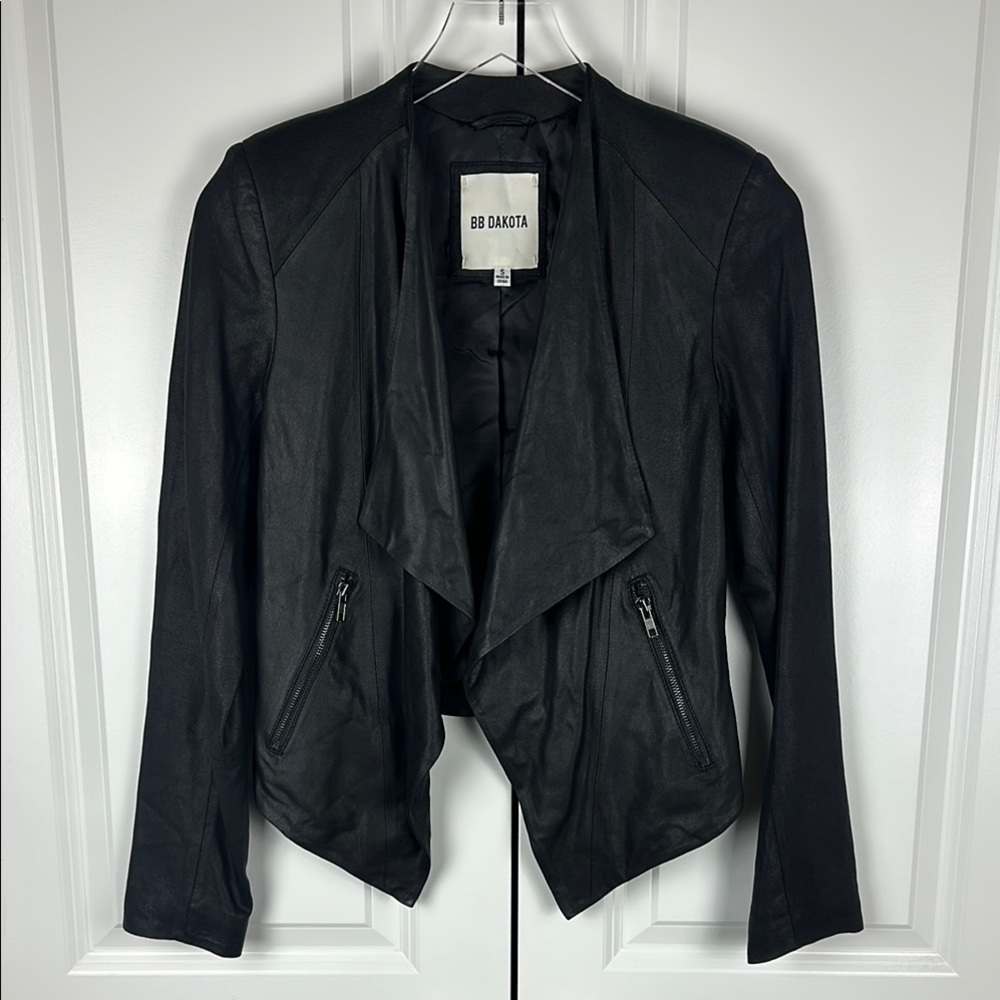 BB Dakota Black 100% Leather Black Drape Collar Moto Jacket